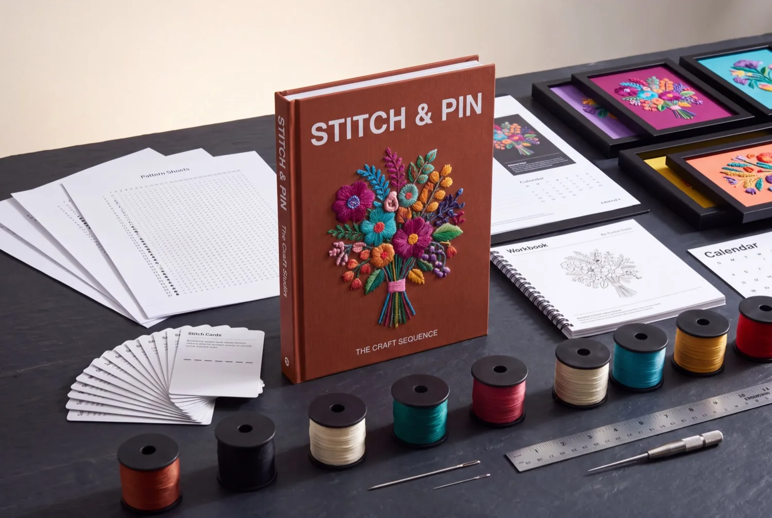 STITCH & PIN™ — everything inside: pattern sheets, stitch cards, workbook and finished pieces