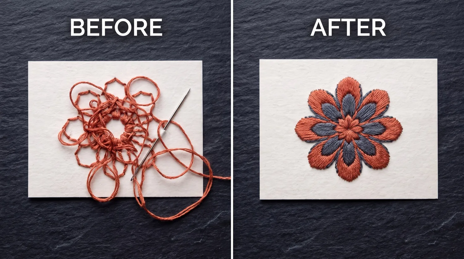 Before and after: from a frustrating failed attempt to a beautiful finished paper-embroidery piece